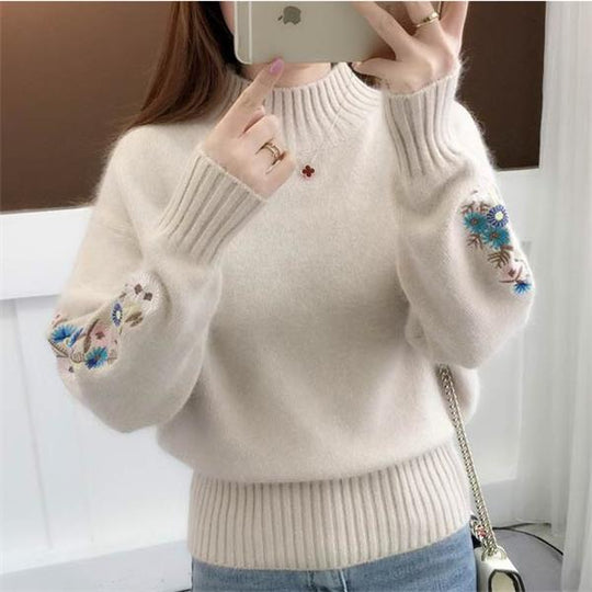 🔥Thick cashmere knit sweater with floral embroidery