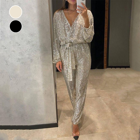 🔥Black Friday Mega Sale🔥Women's Sparkly V Neck Belted Jumpsuits