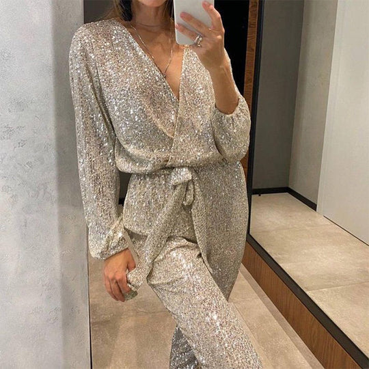 🔥Black Friday Mega Sale🔥Women's Sparkly V Neck Belted Jumpsuits