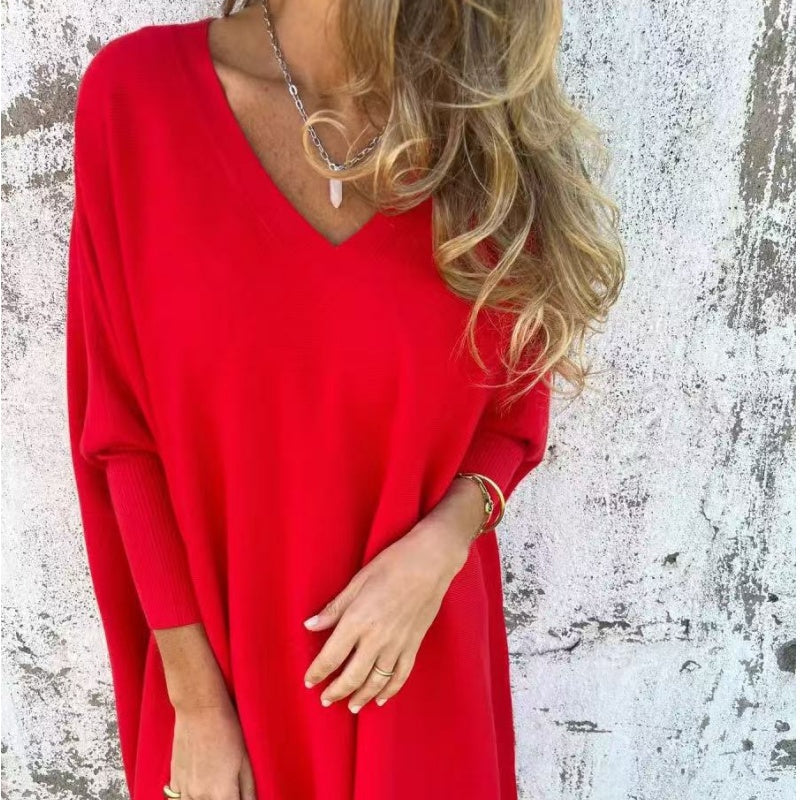 🌈Women's Long Sleeve Knitted V-Neck Loose Long Top（50% OFF）