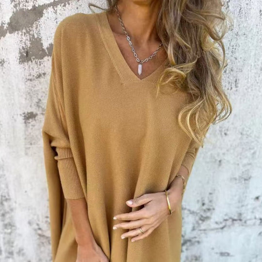 🌈Women's Long Sleeve Knitted V-Neck Loose Long Top（50% OFF）
