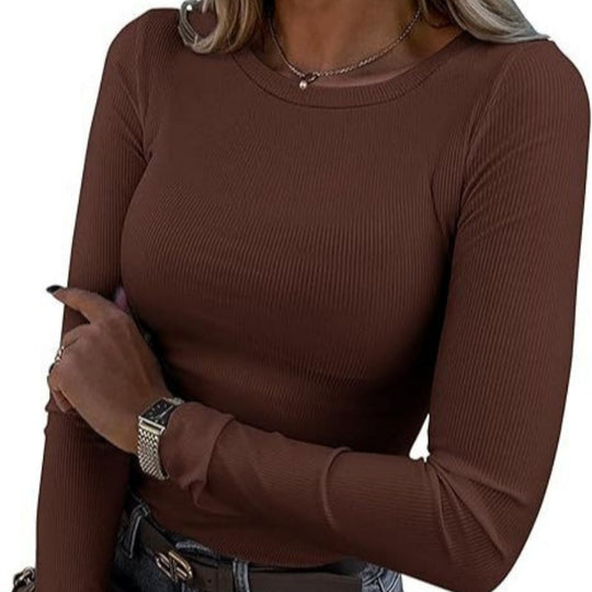 Women's Solid Color Long Sleeve Round Neck Slim Top