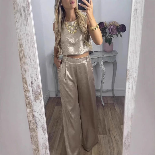 Women’s 2-Piece Glossy Outfit Tank Top & Wide Leg Pants