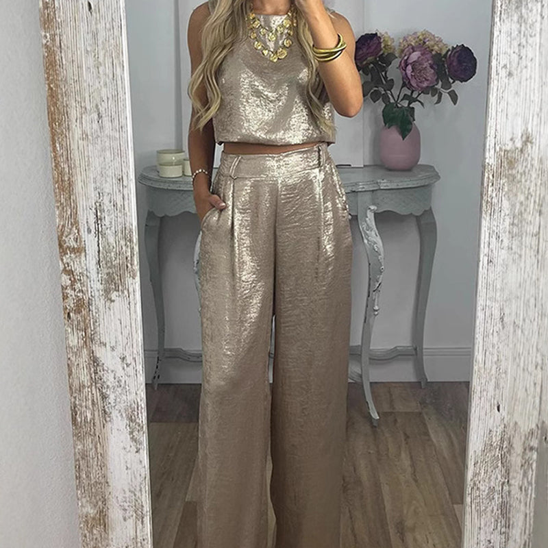 Women’s 2-Piece Glossy Outfit Tank Top & Wide Leg Pants