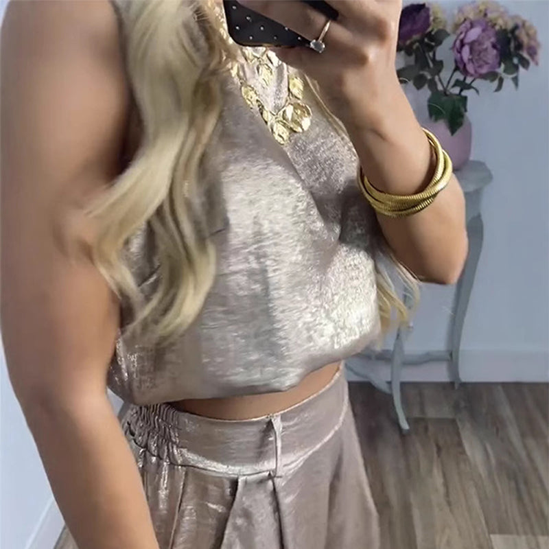 Women’s 2-Piece Glossy Outfit Tank Top & Wide Leg Pants