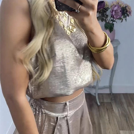 Women’s 2-Piece Glossy Outfit Tank Top & Wide Leg Pants