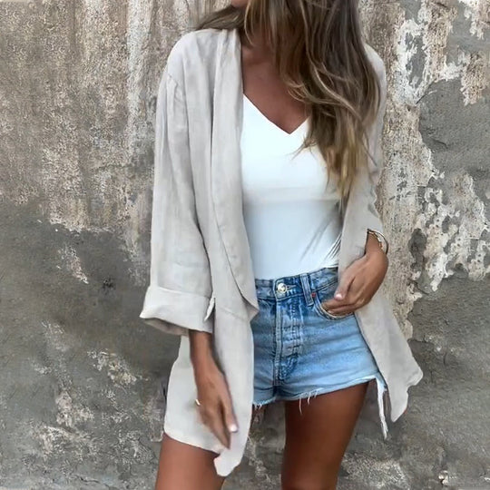 Blazer i bomull og lin med åpen front for dame