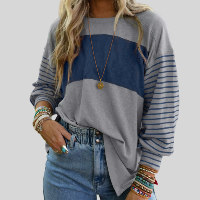 🍂 Easy Everyday Comfort | Women's Color-Block Striped Long-Sleeve Tunic Top