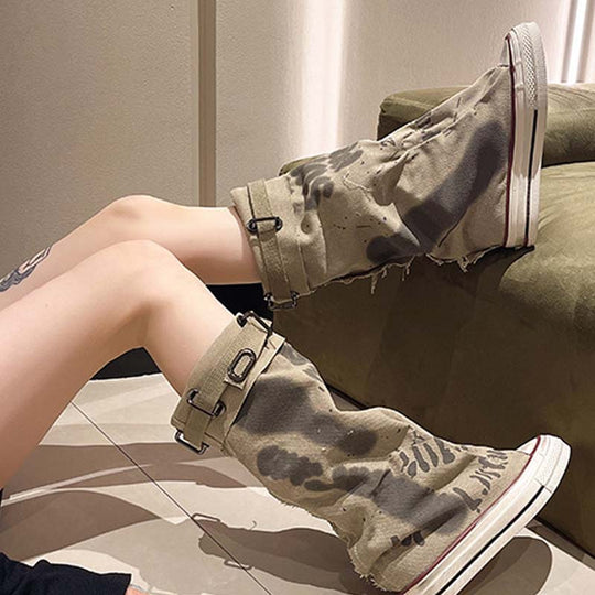 🔥👢Botas de lona planas retro para muller a media pantorrilla