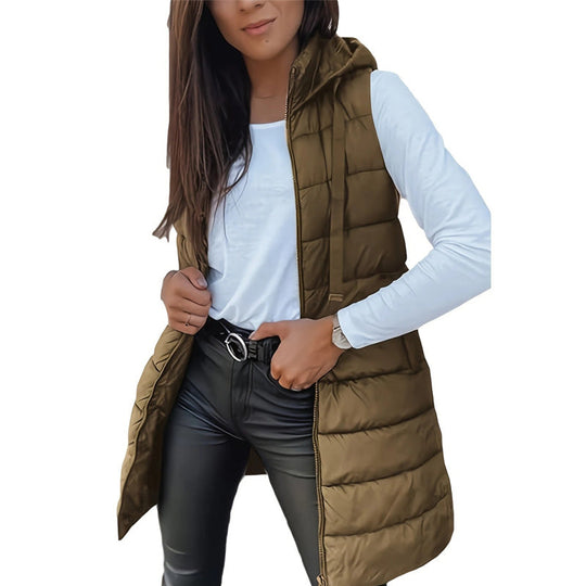 ⏰50% de descuento🔥Chaleco largo acolchado para mujer 👗 | Color liso | Sin mangas | Con capucha | Ropa de invierno 💕