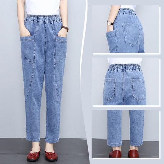 Women's Elastic High Waist Straight Denim Pants
