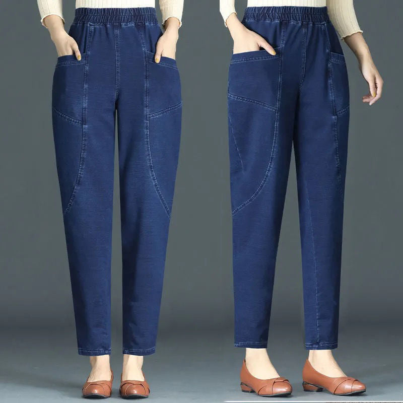 Women's Elastic High Waist Straight Denim Pants