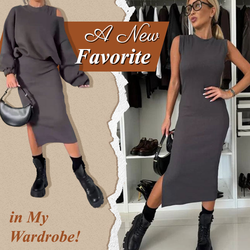 ❄️Early Winter Discount-49% OFF💃Women's Slanted Shoulder Sweatshirt & Sleeveless Dress Set