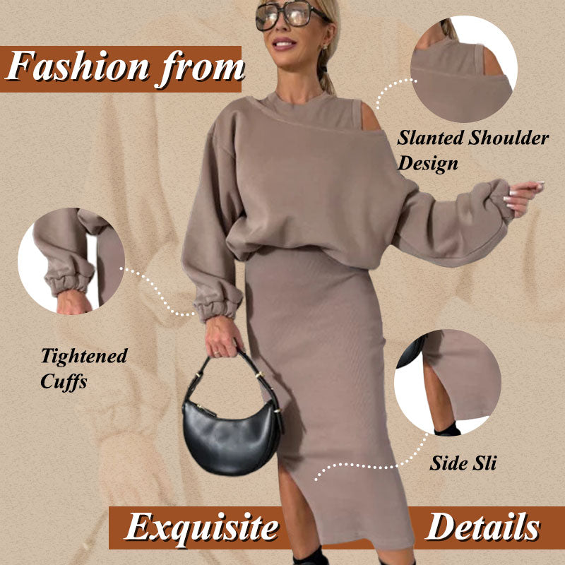 ❄️Early Winter Discount-49% OFF💃Women's Slanted Shoulder Sweatshirt & Sleeveless Dress Set