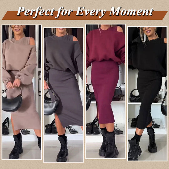 ❄️Early Winter Discount-49% OFF💃Women's Slanted Shoulder Sweatshirt & Sleeveless Dress Set
