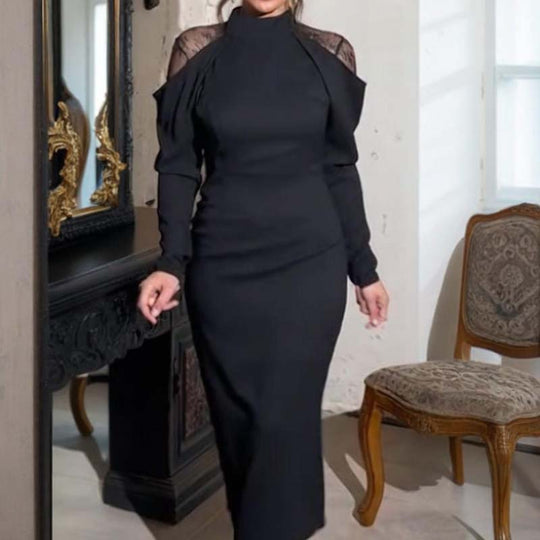 Women's Elegant Mock Neck Lace Back Midi Dress