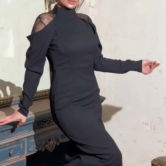 Women's Elegant Mock Neck Lace Back Midi Dress