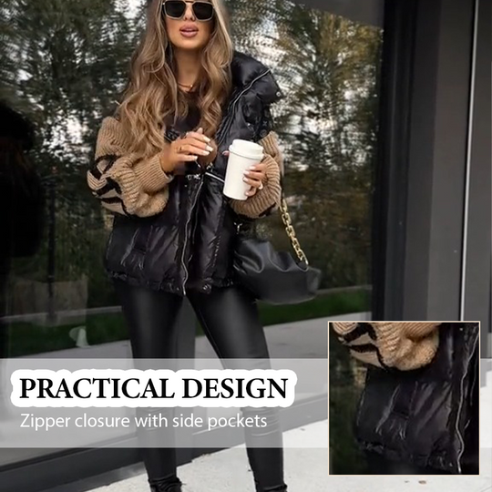 Women’s Patchwork Knit Sleeve Hooded Puffer Jacket