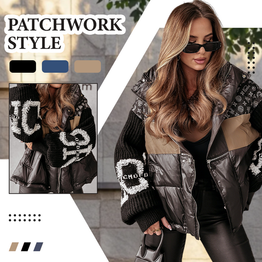 Women’s Patchwork Knit Sleeve Hooded Puffer Jacket