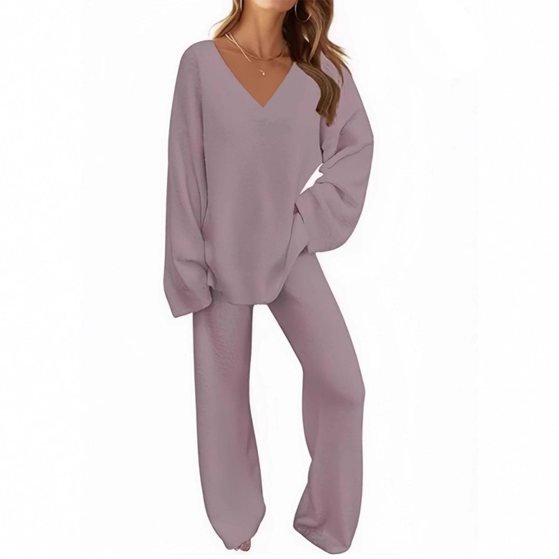 Women's V-Neck Long Sleeve Sweater & Pants Set
