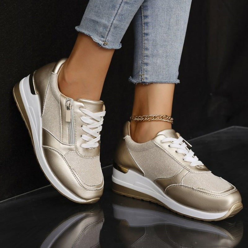 Women's Casual Mesh Lace-Up Wedge Sole Sneakers with Side Zipper