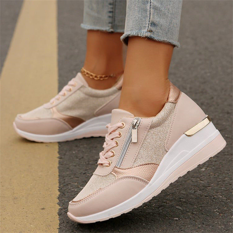 Women's Casual Mesh Lace-Up Wedge Sole Sneakers with Side Zipper
