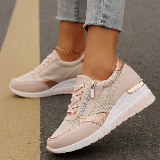 Women's Casual Mesh Lace-Up Wedge Sole Sneakers with Side Zipper