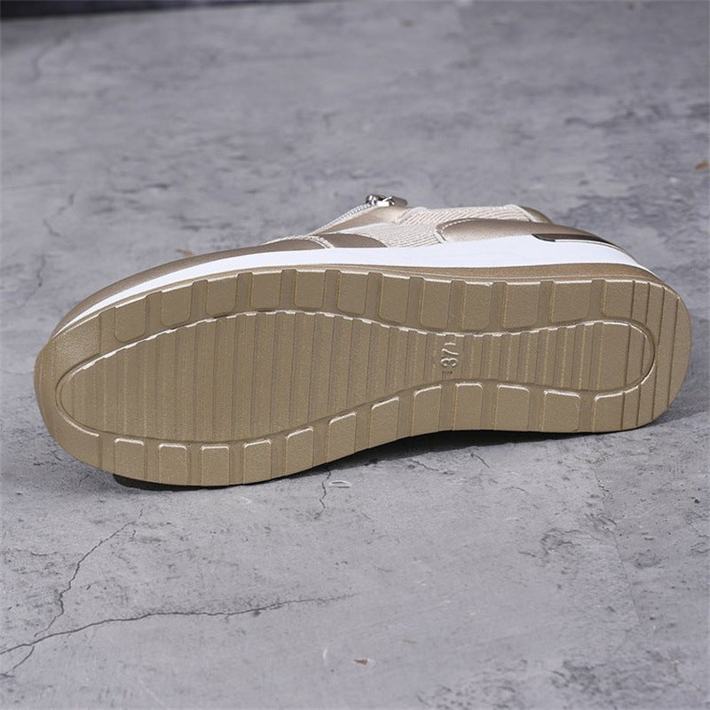 Women's Casual Mesh Lace-Up Wedge Sole Sneakers with Side Zipper