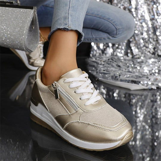 Women's Casual Mesh Lace-Up Wedge Sole Sneakers with Side Zipper