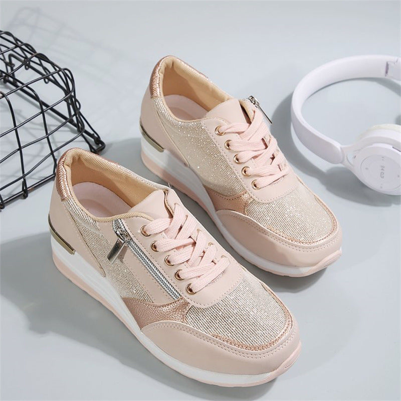 Women's Casual Mesh Lace-Up Wedge Sole Sneakers with Side Zipper