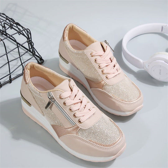 Women's Casual Mesh Lace-Up Wedge Sole Sneakers with Side Zipper