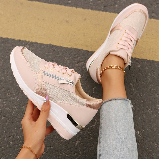 Women's Casual Mesh Lace-Up Wedge Sole Sneakers with Side Zipper