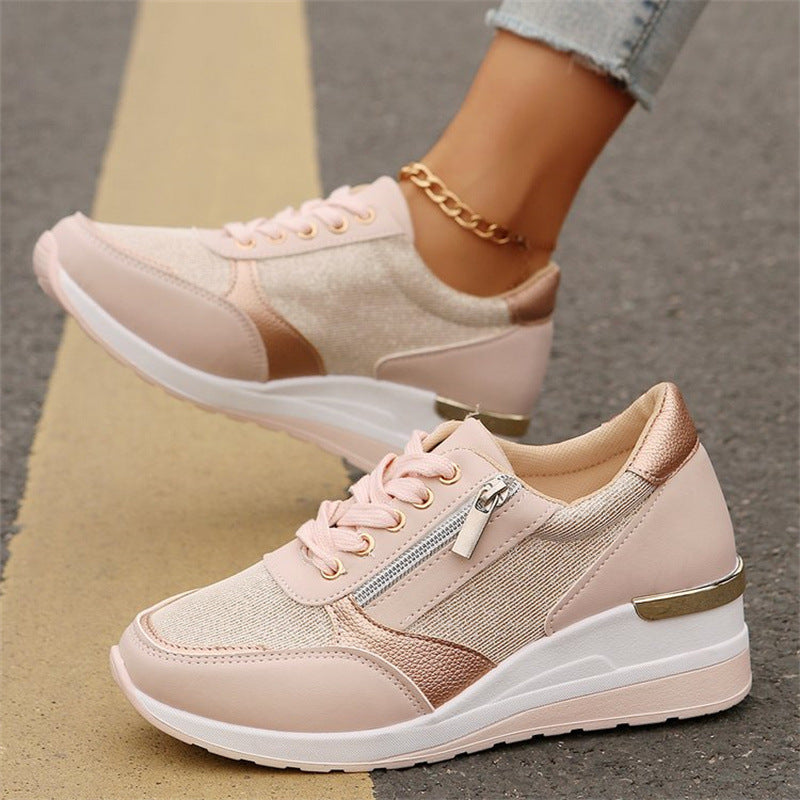 Women's Casual Mesh Lace-Up Wedge Sole Sneakers with Side Zipper