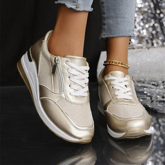 Women's Casual Mesh Lace-Up Wedge Sole Sneakers with Side Zipper