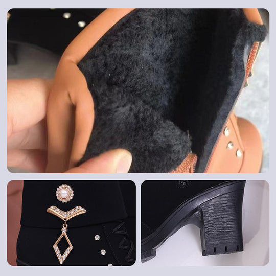 Women's Chunky Heeled Ankle Boots with Rhinestone Decor