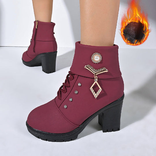 Women's Chunky Heeled Ankle Boots with Rhinestone Decor