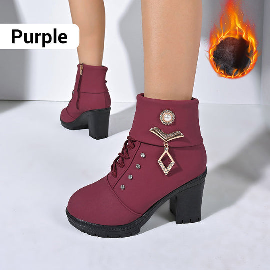 Women's Chunky Heeled Ankle Boots with Rhinestone Decor