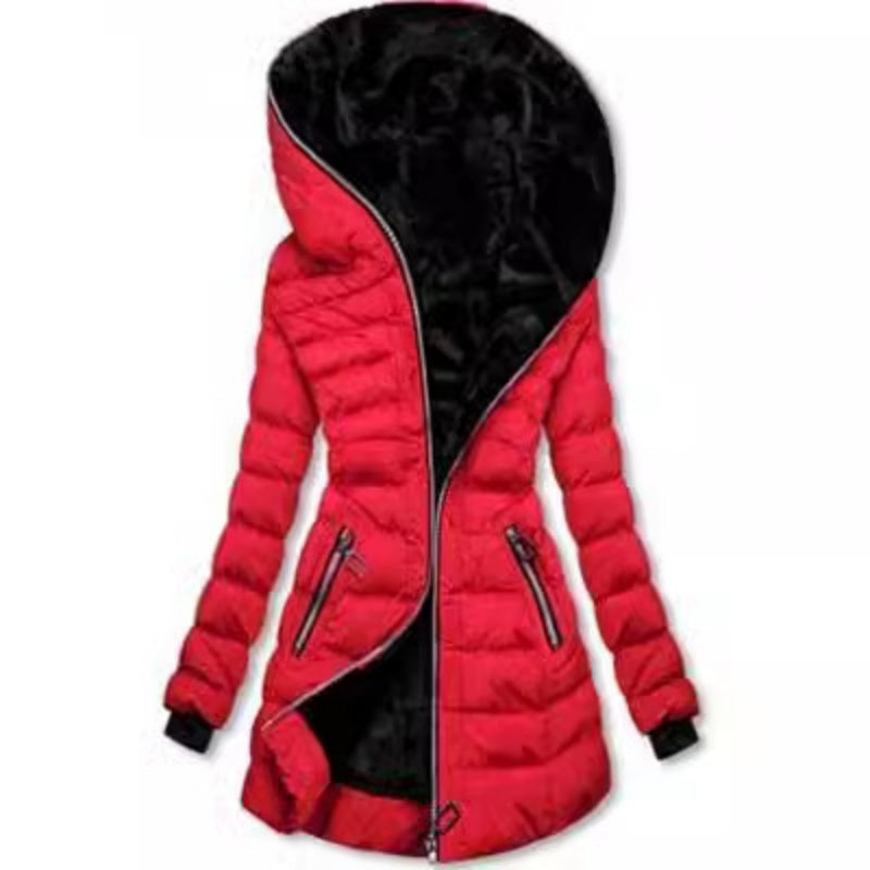 Women's Hooded Mid-Length Winter Coat with Plush Lining