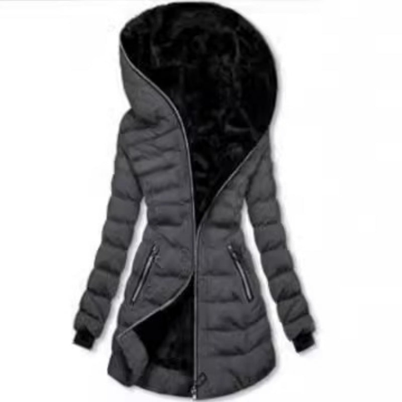 Women's Hooded Mid-Length Winter Coat with Plush Lining