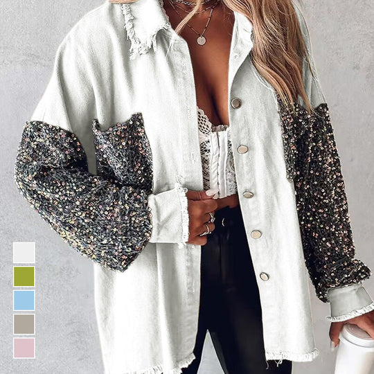 Manteau patchwork à paillettes tendance pour femme avec ourlet brut