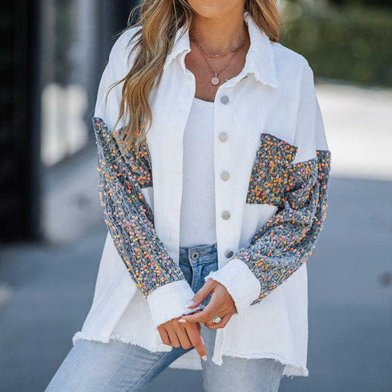 Manteau patchwork à paillettes tendance pour femme avec ourlet brut