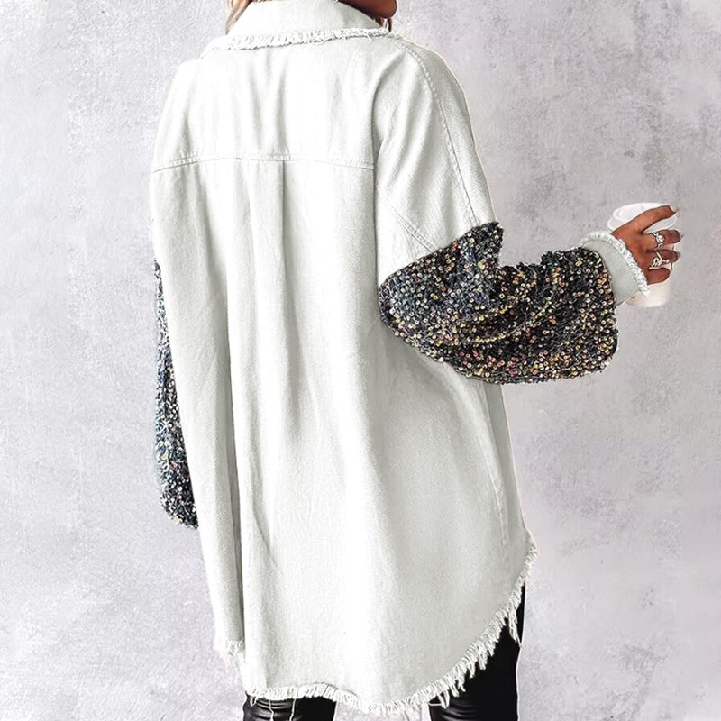 Manteau patchwork à paillettes tendance pour femme avec ourlet brut