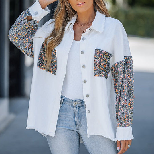 Manteau patchwork à paillettes tendance pour femme avec ourlet brut