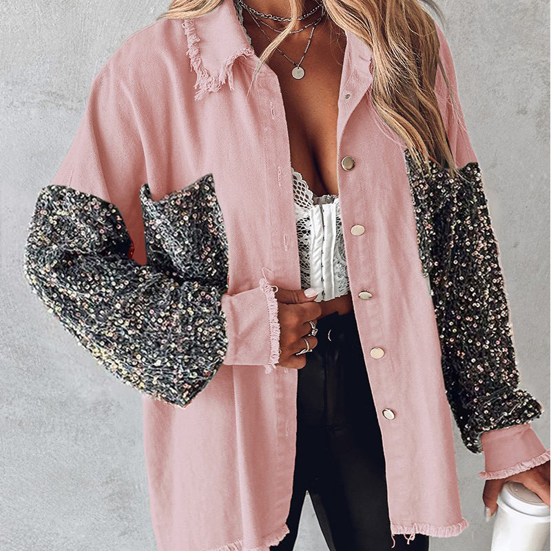Manteau patchwork à paillettes tendance pour femme avec ourlet brut