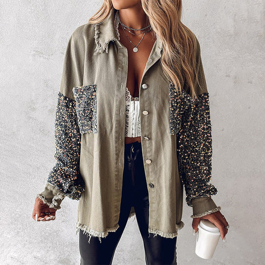 Manteau patchwork à paillettes tendance pour femme avec ourlet brut