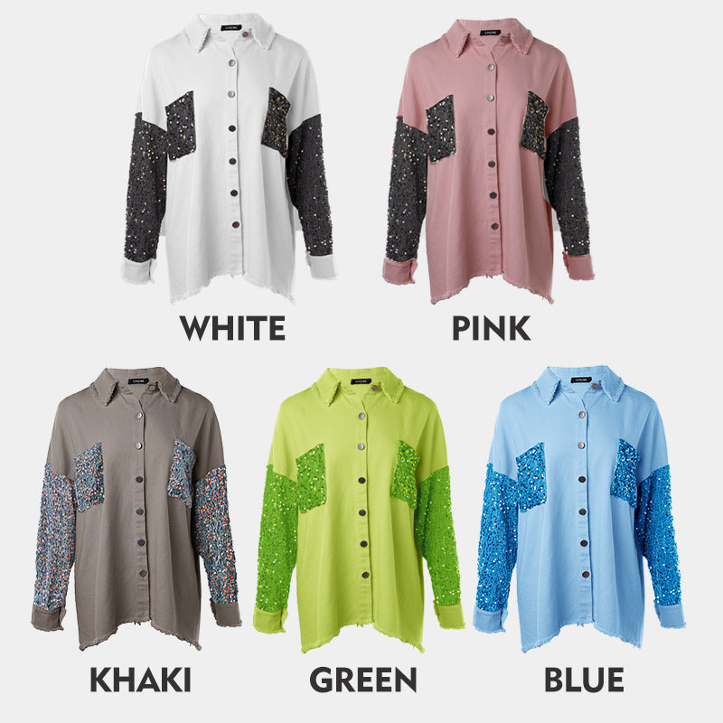 Manteau patchwork à paillettes tendance pour femme avec ourlet brut