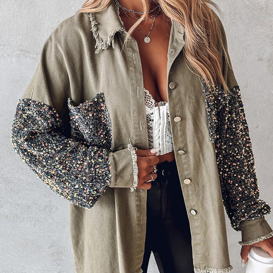 Manteau patchwork à paillettes tendance pour femme avec ourlet brut