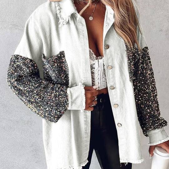 Manteau patchwork à paillettes tendance pour femme avec ourlet brut