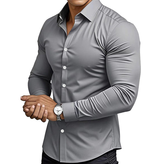 🔥Camisa de manga longa con botóns e solapa de cor sólida para homes de alta calidade Four Seasons