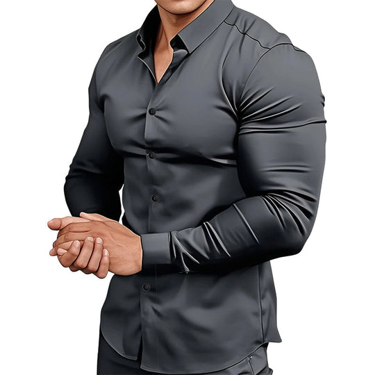 🔥Camisa de manga longa con botóns e solapa de cor sólida para homes de alta calidade Four Seasons